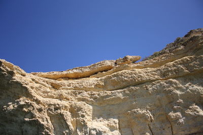 Low angle view of rock formations against clear blue sky