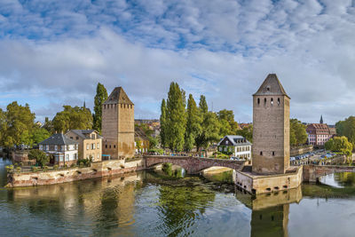 View of medieval bridge ponts couverts from the barrage vauban in strasbourg, france