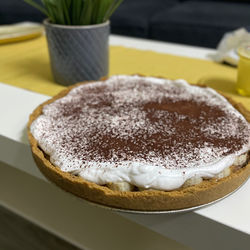 High angle view of cake in plate on table