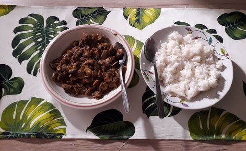 High angle view of meal served on table
