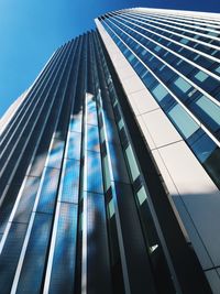 Low angle view of modern building against clear blue sky