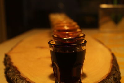 Close-up of beer glass on table