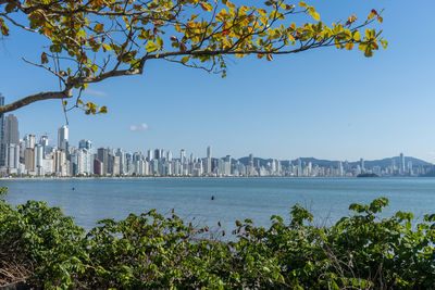 Scenic view of sea against city buildings