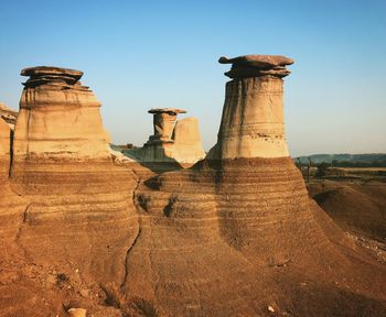 Rock hoodoo at drumheller against clear sky