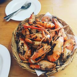 High angle view of seafood in basket on table