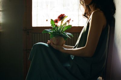 Midsection of woman holding flower pot while sitting by window at home