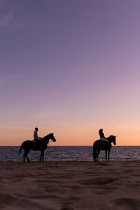 Silhouette people on beach against sky during sunset