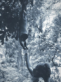 Full length of woman with arms raised in forest