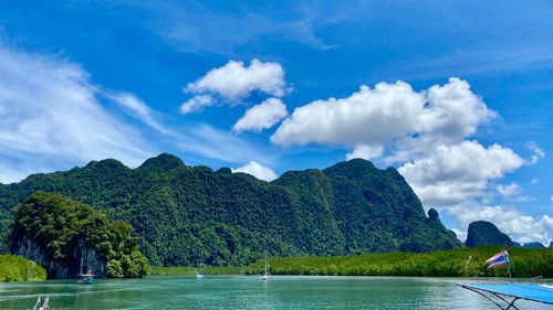 Scenic view of lake by trees against sky