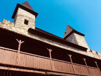 Low angle view of building against clear blue sky