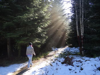 Woman walking on footpath amidst snow and trees in forest