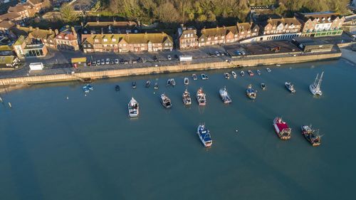 High angle view of boats moored in river