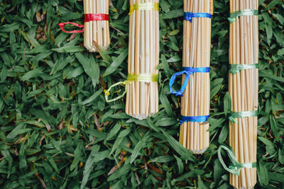 High angle view of multi colored hanging on wood