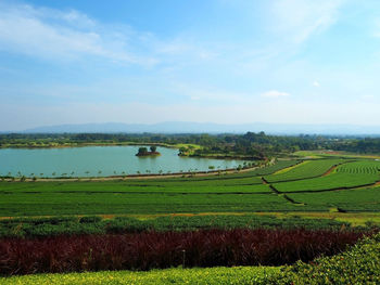 Scenic view of river against cloudy sky