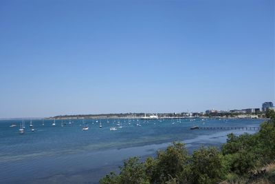 Scenic view of sea against clear blue sky