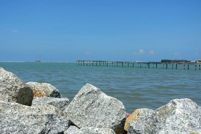 Scenic view of sea against clear blue sky