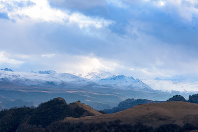 Scenic view of snowcapped mountains against sky