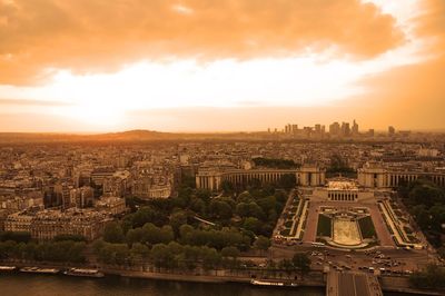 High angle view of cityscape against cloudy sky