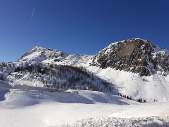 Snowcapped mountains against clear blue sky