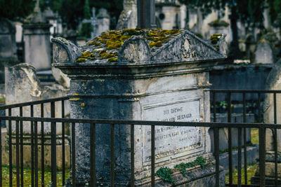 Close-up of metal fence in cemetery