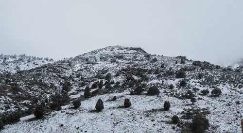 Low angle view of snow covered landscape against clear sky