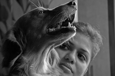 Close-up of cute girl playing with dog at home