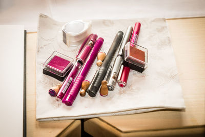 High angle view of objects on table