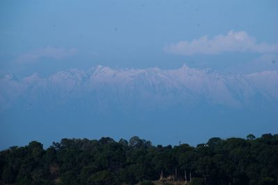 Scenic view of trees and mountains against sky