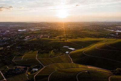 High angle view of landscape against sky during sunset