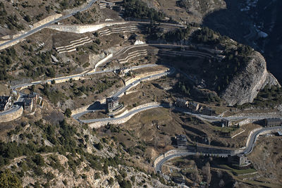 High angle view of aerial view of landscape. mountain road in andorra.