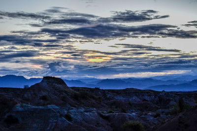 Scenic view of mountains against cloudy sky