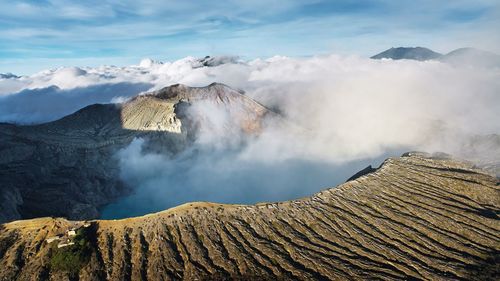 Panoramic view of smoke emitting from volcanic mountain