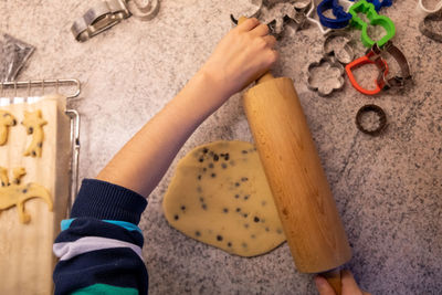 High angle view of person preparing food