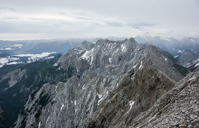 Aerial view of majestic snowcapped mountains against sky