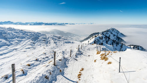 Scenic view of snow covered mountains against sky