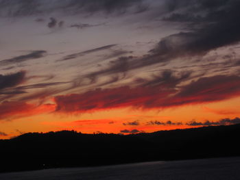 Scenic view of silhouette landscape against dramatic sky during sunset