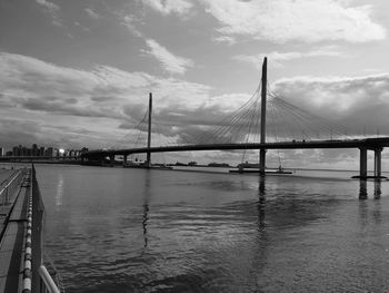 Bridge over calm river against sky