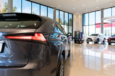 Close-up of car in showroom