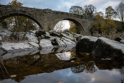 Arch bridge over river against sky