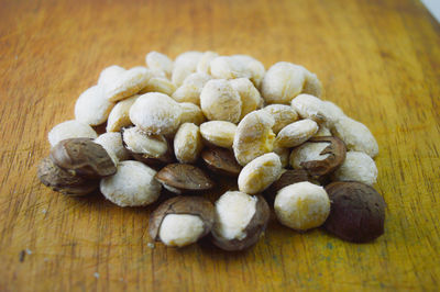 Close-up of shells on table