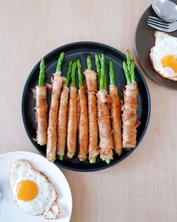 High angle view of breakfast served on table