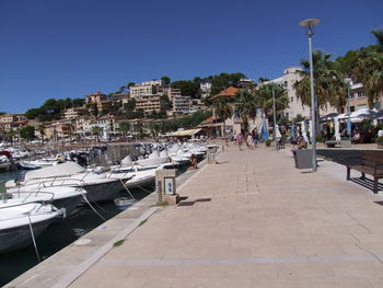 View of boats moored at harbor