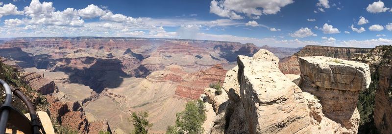 Panoramic view of rocky mountains against cloudy sky