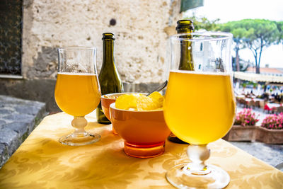 Close-up of drink in glass jar on table