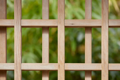 Close-up of a wooden gate with a dark green background