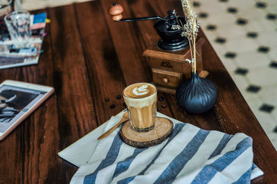 High angle view of coffee on table