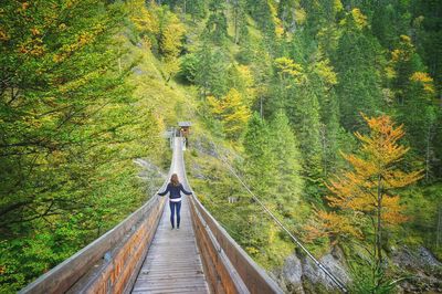 Rear view of woman standing on footbridge leading towards mountain