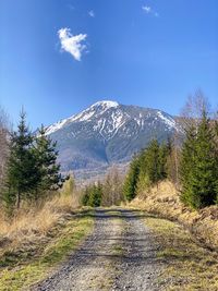 Scenic view of snowcapped mountains against blue sky