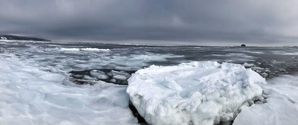 Close-up of frozen sea against sky