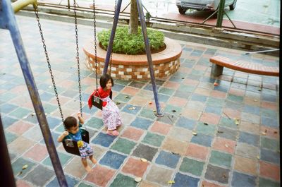 High angle view of people on floor